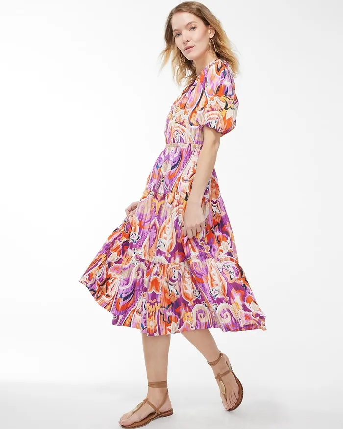 Chico039s 40th Anniversary Paisley Tiered Dress Flame Scarlet Women Dresses and Skirts