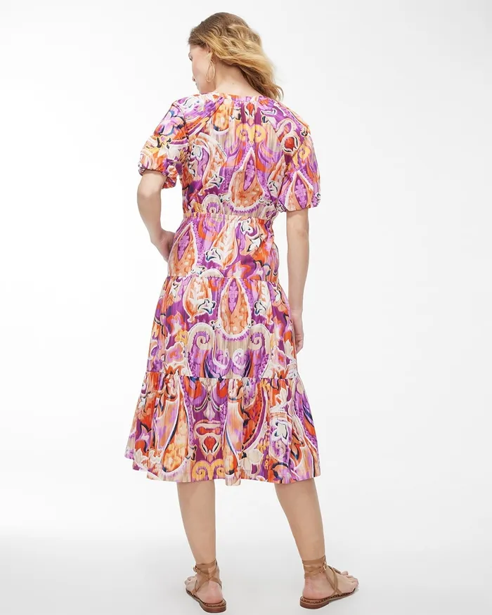 Chico039s 40th Anniversary Paisley Tiered Dress Flame Scarlet Women Dresses and Skirts