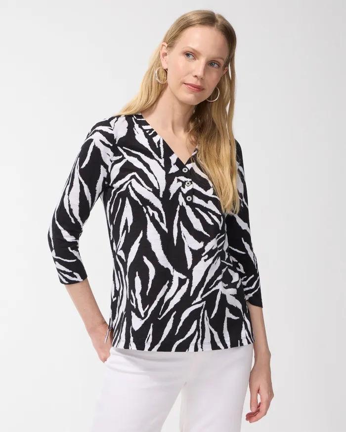 Chico039s Animal Print 34 Sleeve Slub Tee Black Women Tees