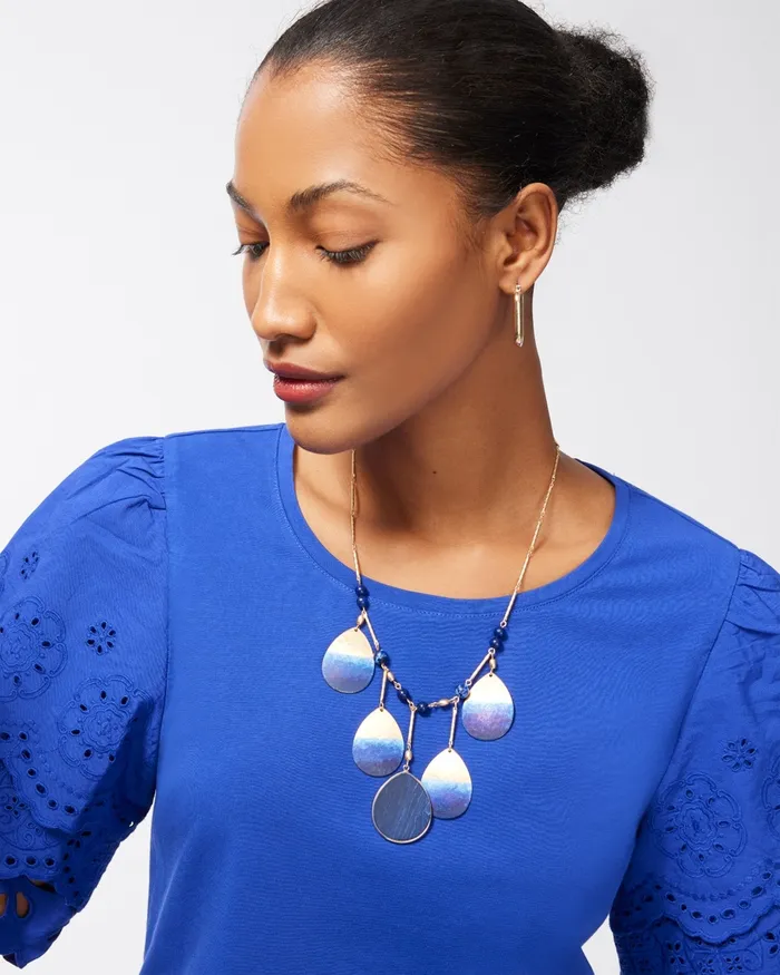Chico039s Blue and Gold Tone Bib Necklace Blue Women Necklaces