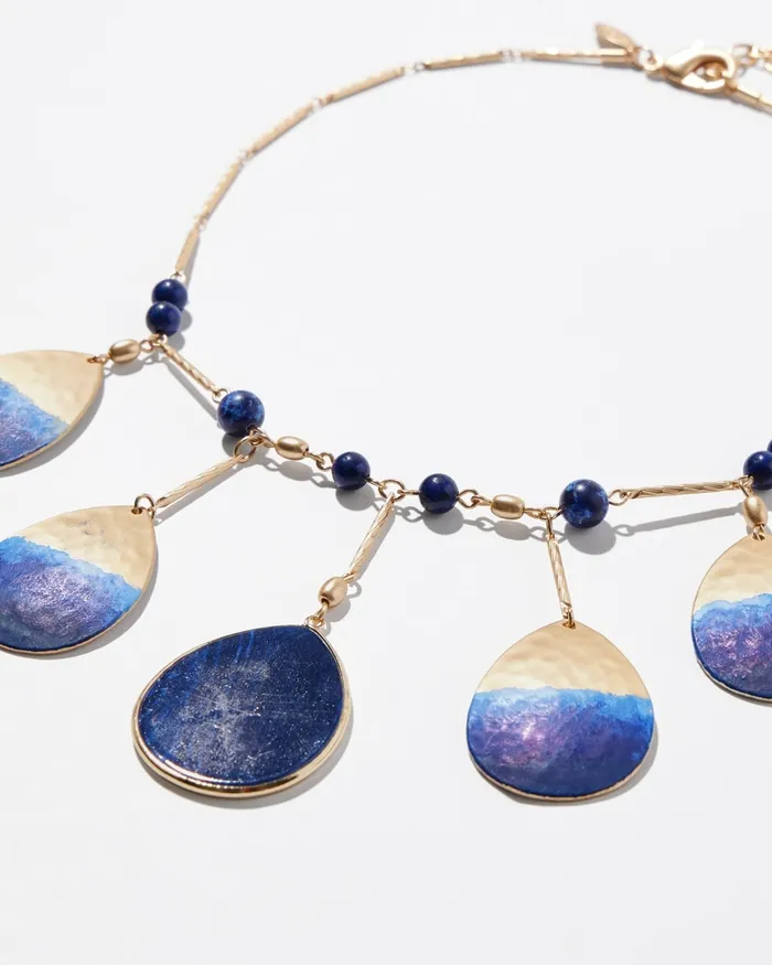 Chico039s Blue and Gold Tone Bib Necklace Blue Women Necklaces