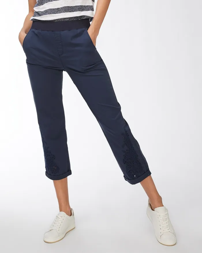 Chico039s Blue Eyelet Convertible Hem Crops Parisian Night Women Pants