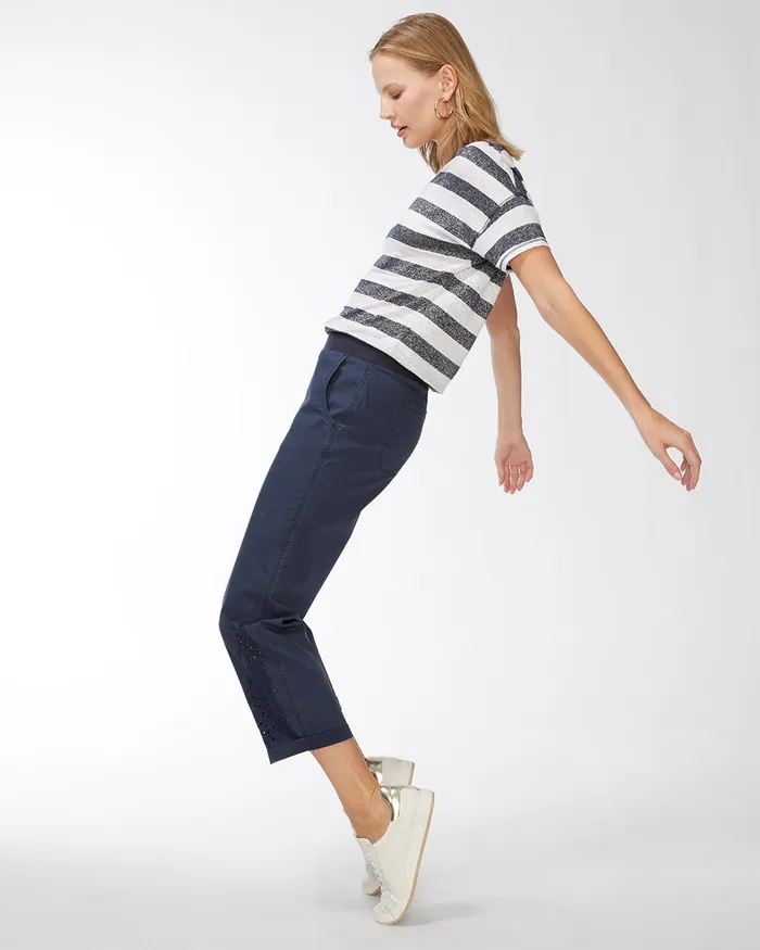 Chico039s Blue Eyelet Convertible Hem Crops Parisian Night Women Pants