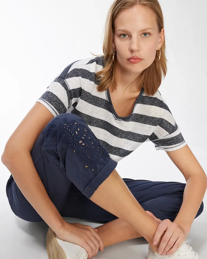 Chico039s Blue Eyelet Convertible Hem Crops Parisian Night Women Pants