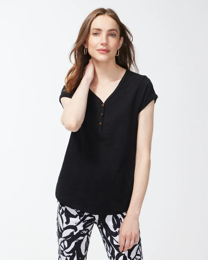 Chico039s Cap Sleeve Henley Tee Black Women Tees