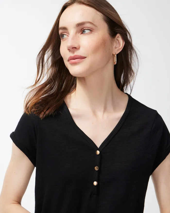 Chico039s Cap Sleeve Henley Tee Black Women Tees