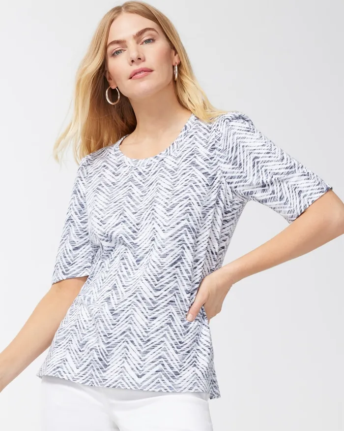 Chico039s Chevron Gathered Sleeve Slub Tee Classic Navy Women Tops