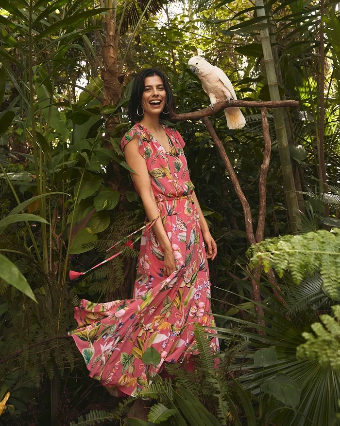 Chico039s Chiffon Floral Print Maxi Dress Strawberry Margarita Women Dresses and Skirts