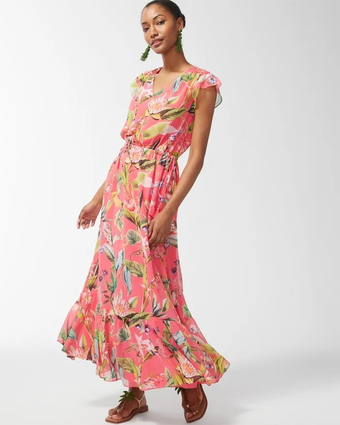 Chico039s Chiffon Floral Print Maxi Dress Strawberry Margarita Women Dresses and Skirts