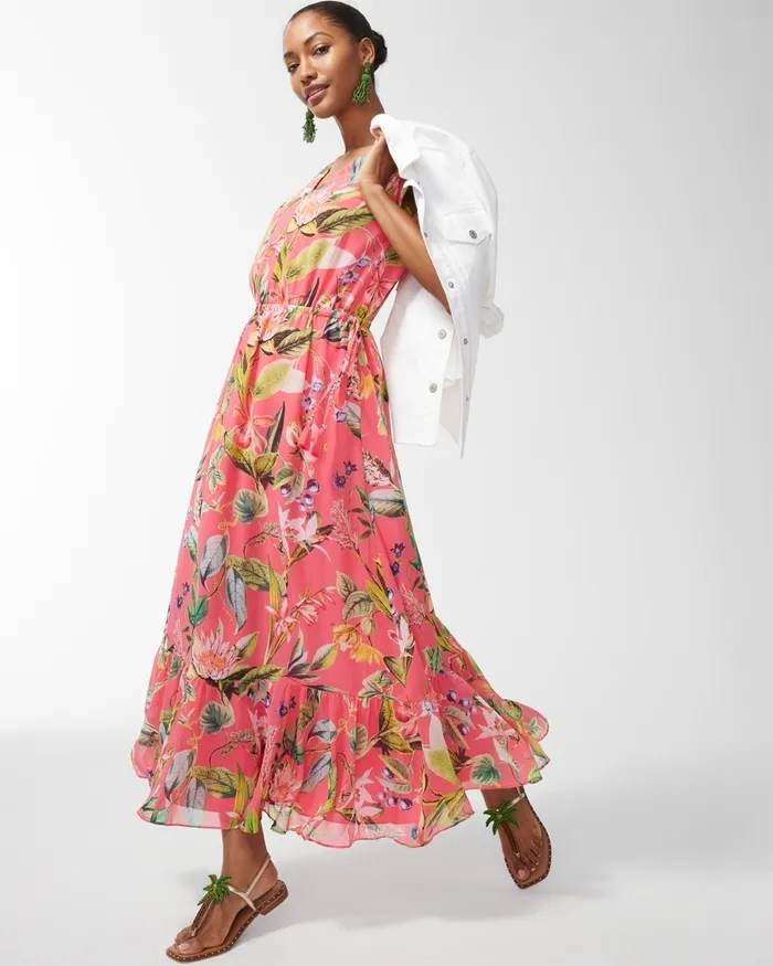 Chico039s Chiffon Floral Print Maxi Dress Strawberry Margarita Women Dresses and Skirts
