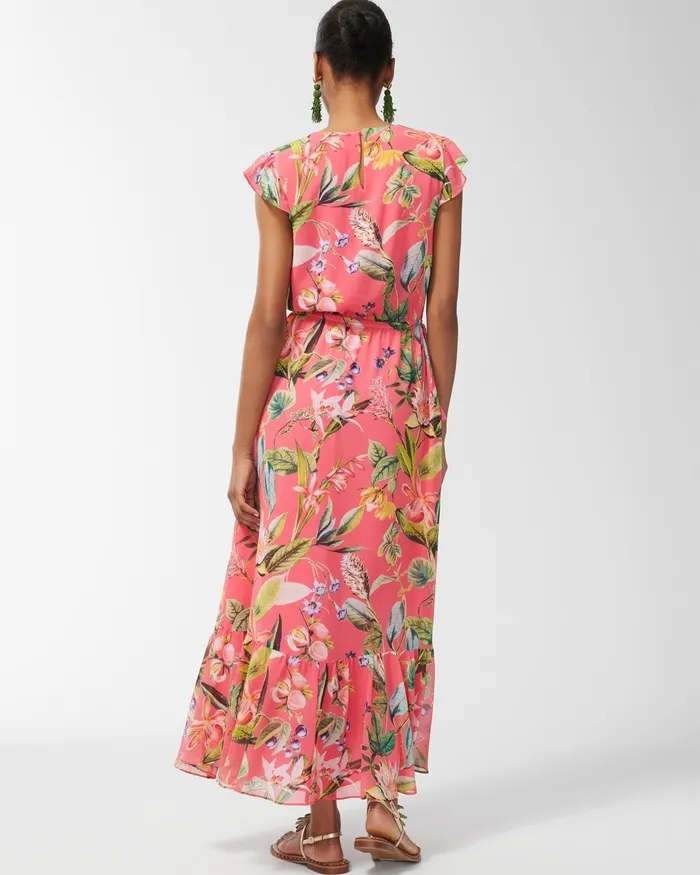Chico039s Chiffon Floral Print Maxi Dress Strawberry Margarita Women Dresses and Skirts