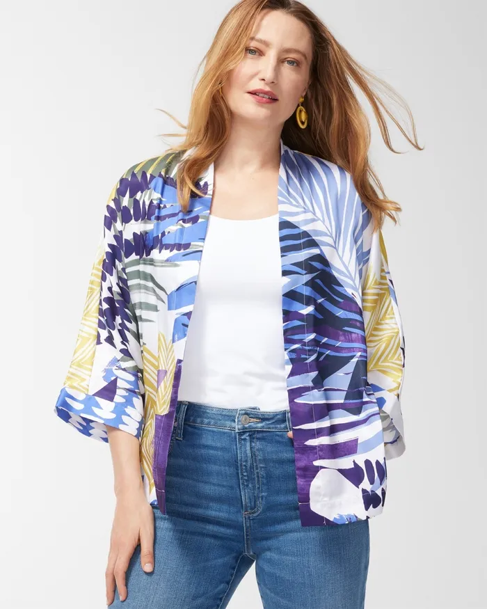Chico039s Coastal Print Short Kimono Amparo Blue Women Ponchos and Ruanas