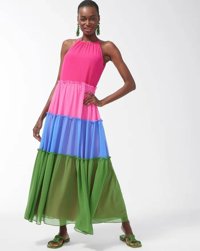 Chico039s Colorblock Halter Maxi Dress Multi Women Dresses and Skirts