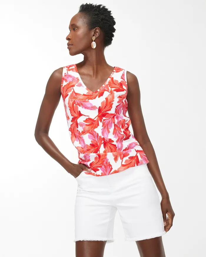 Chico039s Everyday Leaf Print Button Tank Flame Scarlet Women Tees