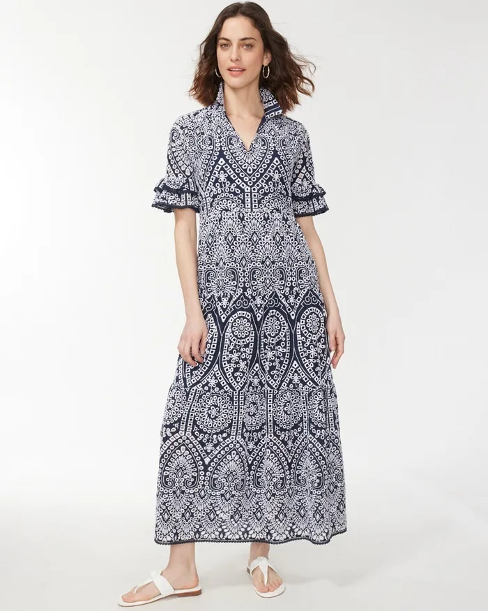 Chico039s Eyelet Tiered Sundress Classic Navy Women Dresses and Skirts