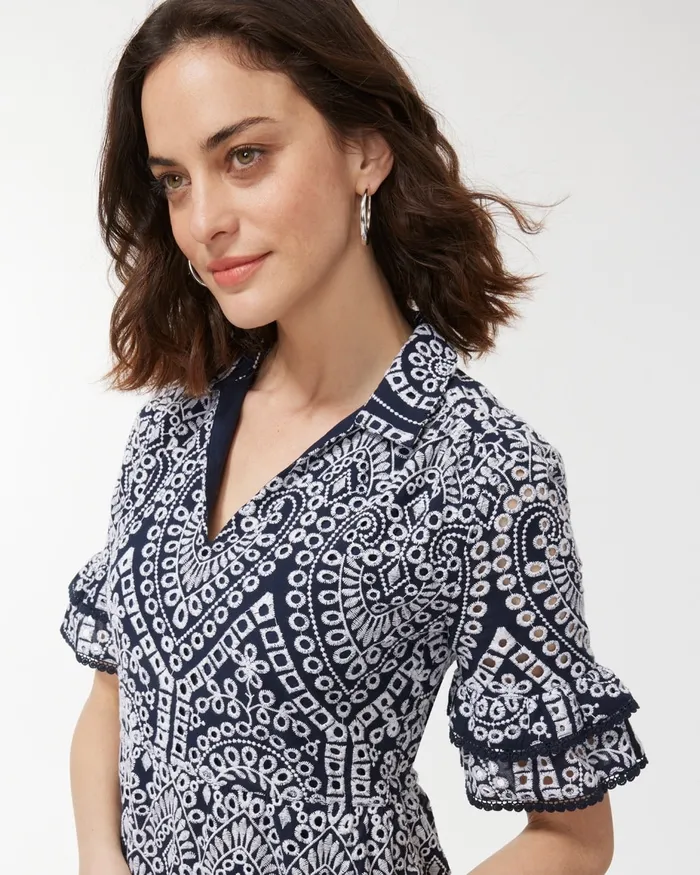 Chico039s Eyelet Tiered Sundress Classic Navy Women Dresses and Skirts