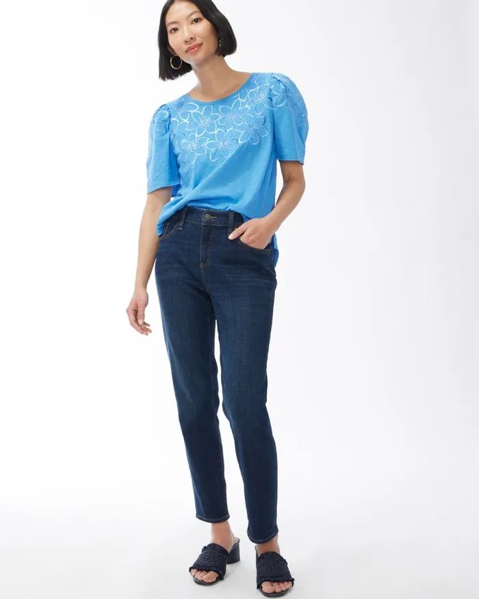 Chico039s Floral Embroidery Tee Regatta Blue Women Tops