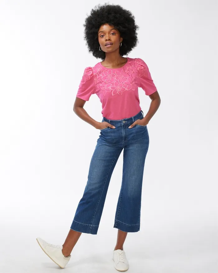 Chico039s Floral Embroidery Tee Regatta Blue Women Tops