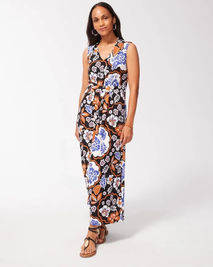 Chico039s Floral Pleat Front Maxi Dress Black Women Dresses and Skirts