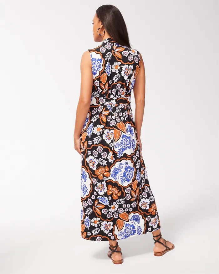 Chico039s Floral Pleat Front Maxi Dress Black Women Dresses and Skirts