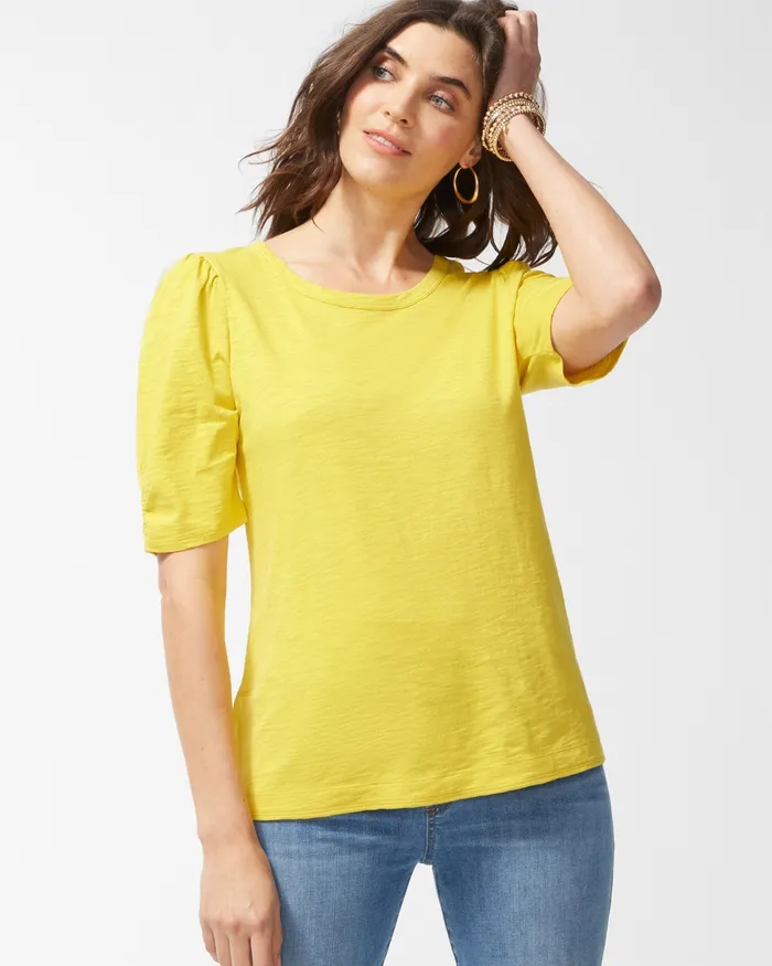 Chico039s Gathered Sleeve Slub Tee Pineapple Fizz Women Tees