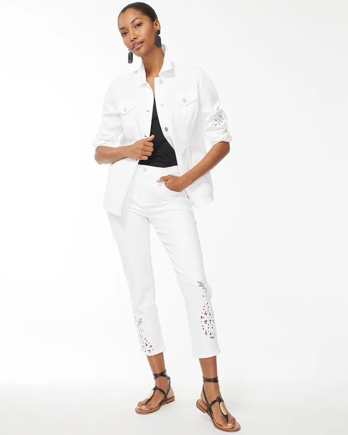 Chico039s Girlfriend Pineapple Eyelet Crops Alabaster Women Jeans and Denim