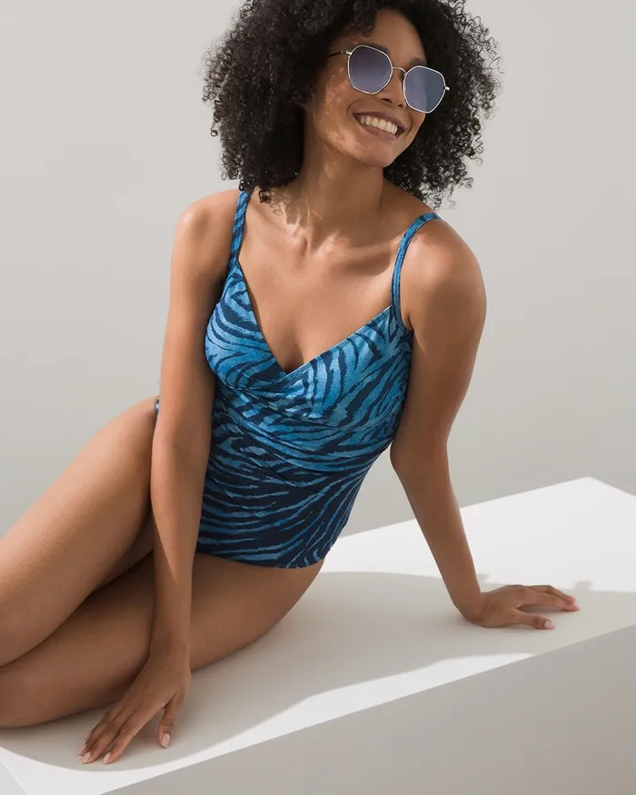 Chico039s Gottex Animal Print Surplice Swimsuit Blue Women Swim