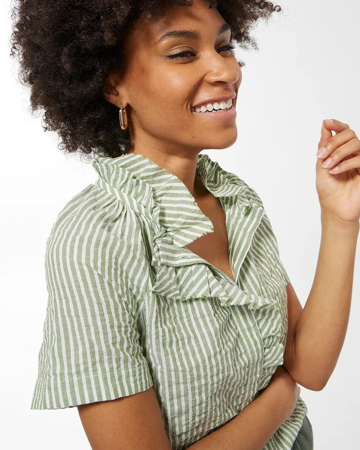 Chico039s High Neck Stripe Shirt Banana Leaf Women Tops