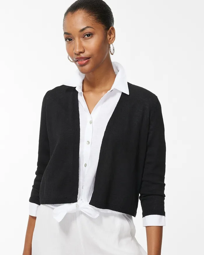 Chico039s Linen Blend Cropped Cardigan Black Women Sweaters