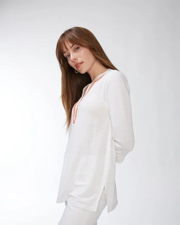 Chico039s LinenBlend Gold and Orange Tunic Alabaster Women Tops