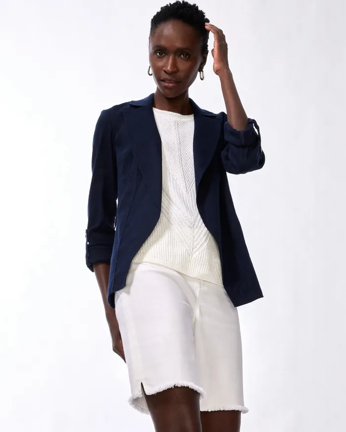 Chico039s LinenBlend Stretch Moto Jacket Classic Navy Women Jackets and Coats