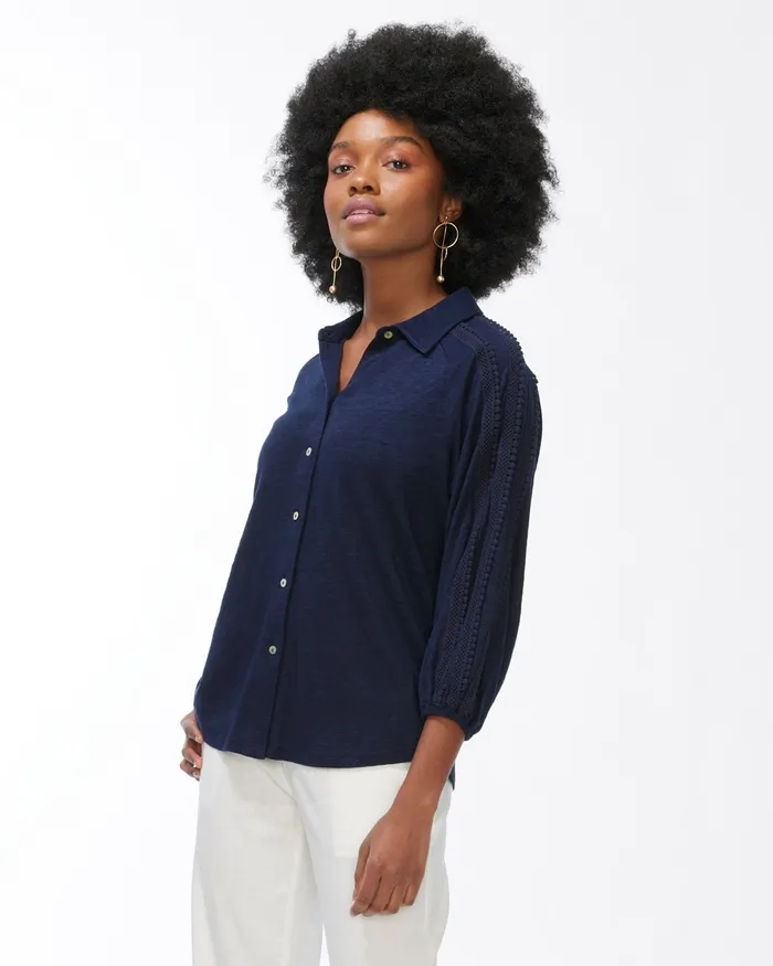 Chico039s Linen Button Down Tee Classic Navy Women Tees
