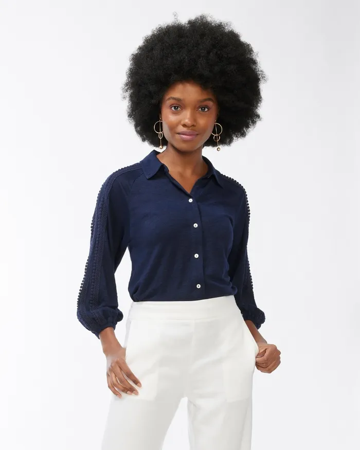 Chico039s Linen Button Down Tee Classic Navy Women Tees
