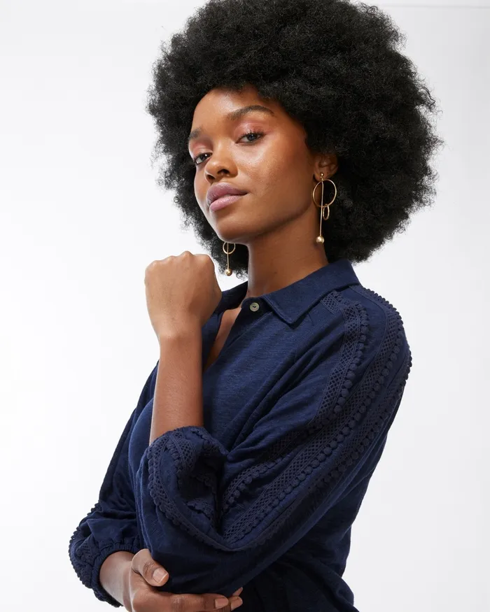 Chico039s Linen Button Down Tee Classic Navy Women Tees