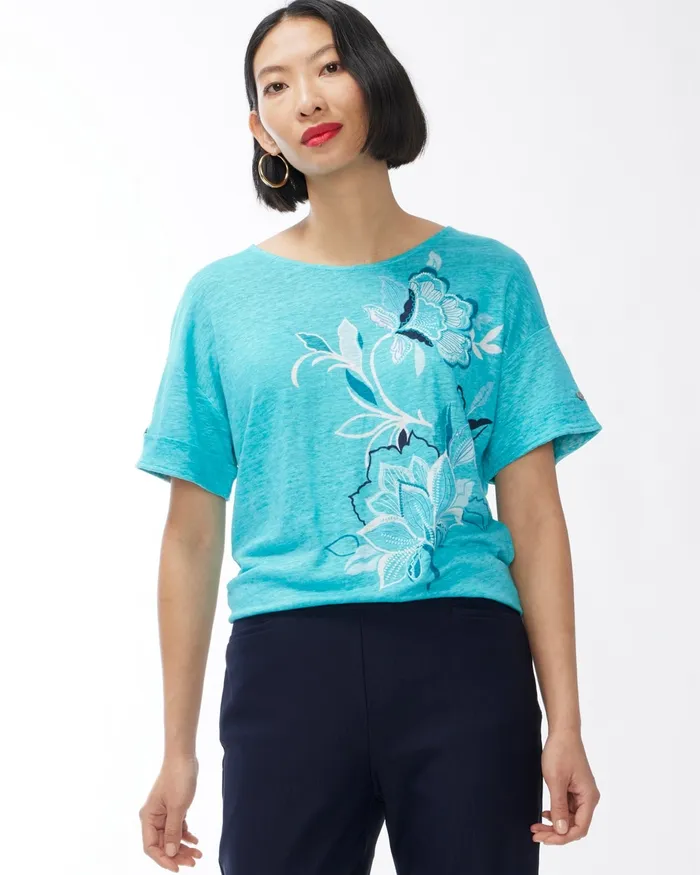 Chico039s Linen Floral Relaxed Tee Agua Azul Women Tees