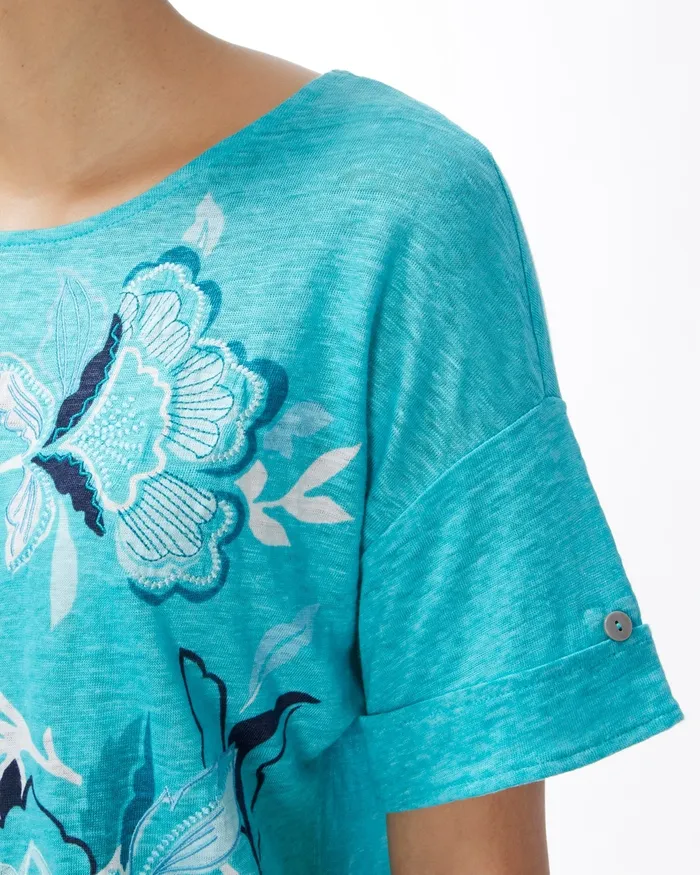Chico039s Linen Floral Relaxed Tee Agua Azul Women Tees