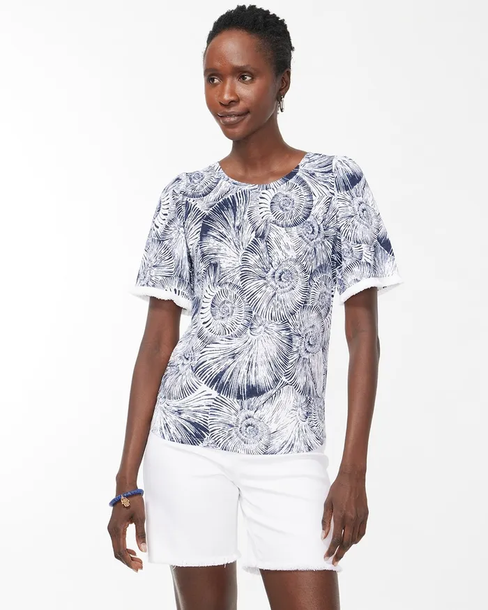 Chico039s Linen Fringe Sleeve Shell Print Tee Classic Navy Women Tops