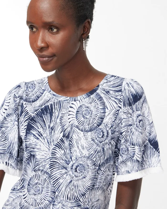 Chico039s Linen Fringe Sleeve Shell Print Tee Classic Navy Women Tops