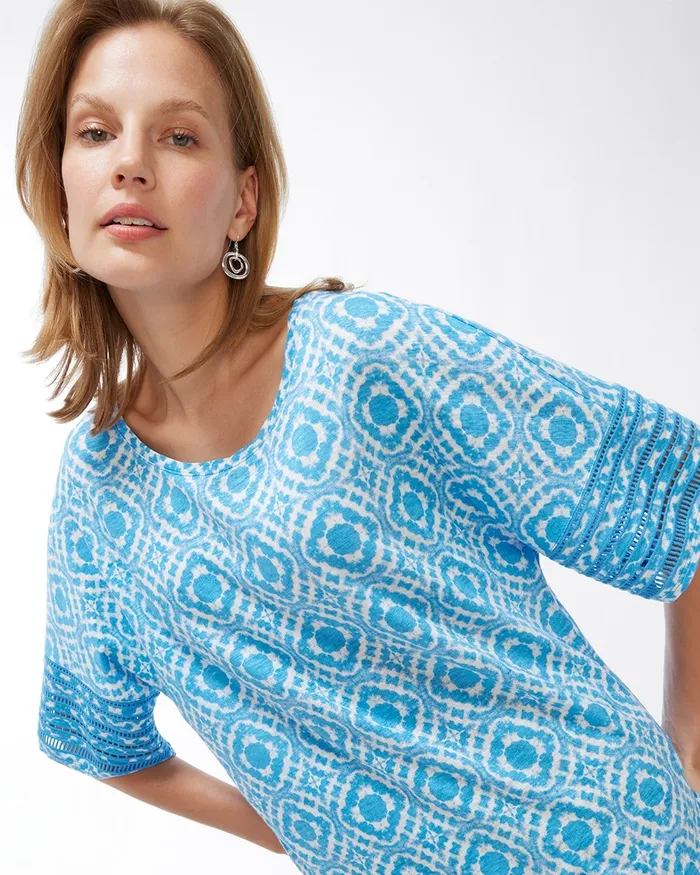 Chico039s Linen Geometric Print Cutwork Tee Poolside Blue Women Tees