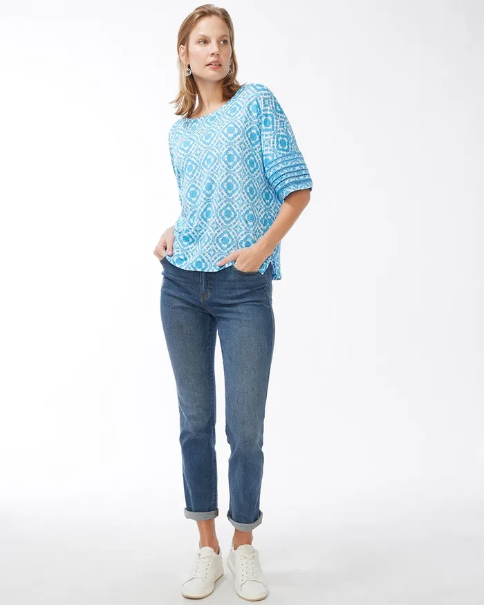 Chico039s Linen Geometric Print Cutwork Tee Poolside Blue Women Tees