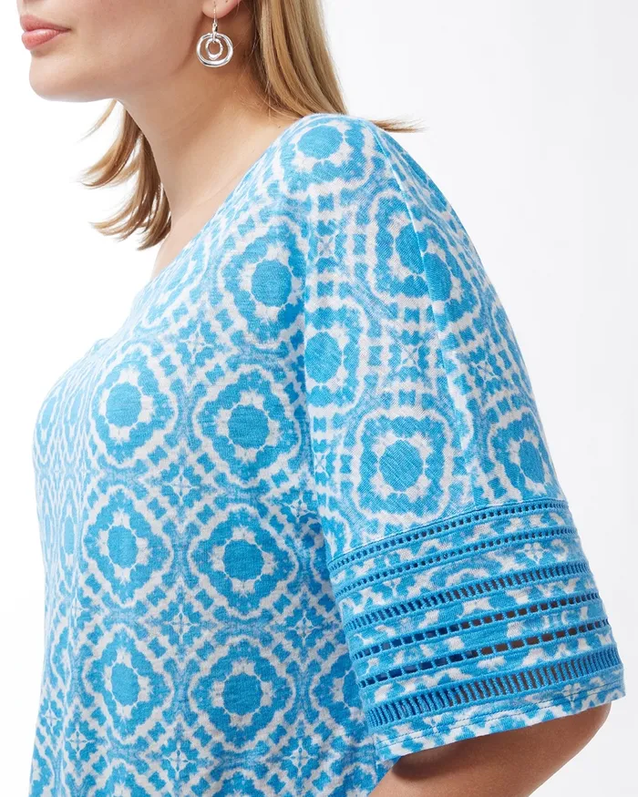 Chico039s Linen Geometric Print Cutwork Tee Poolside Blue Women Tees