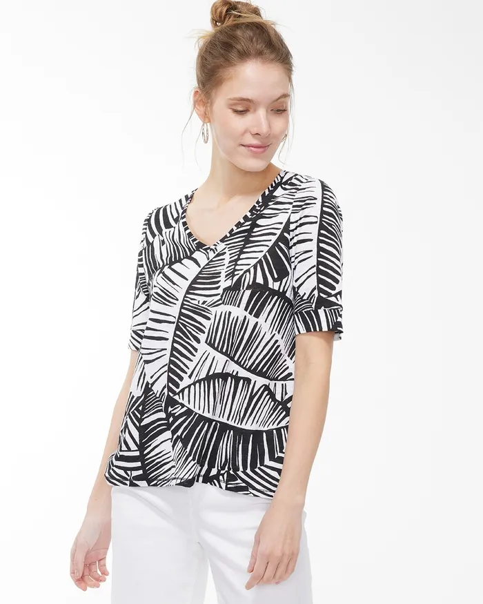 Chico039s Linen Leaf Print Back Detail Tee Black Women Tees