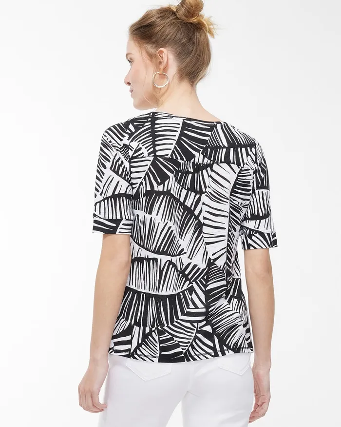 Chico039s Linen Leaf Print Back Detail Tee Black Women Tees