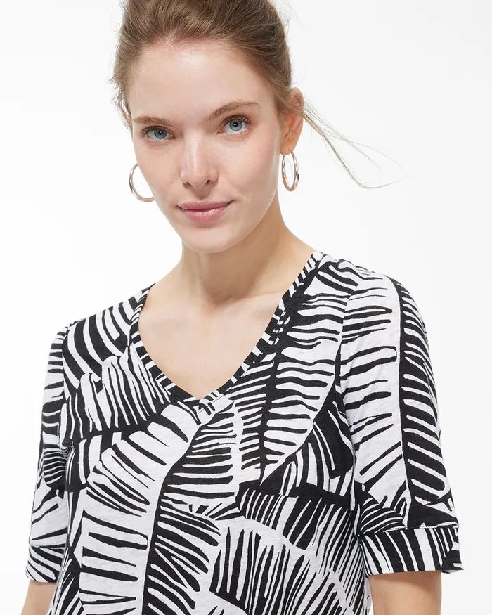 Chico039s Linen Leaf Print Back Detail Tee Black Women Tees