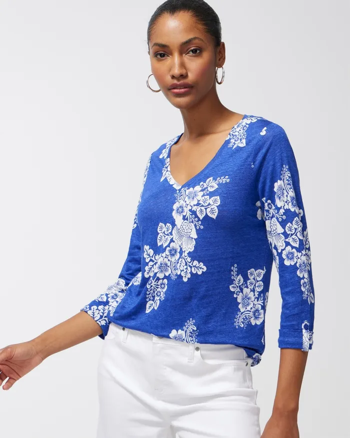 Chico039s Linen Navy Floral 34 Sleeve Tee Classic Navy Women Tees