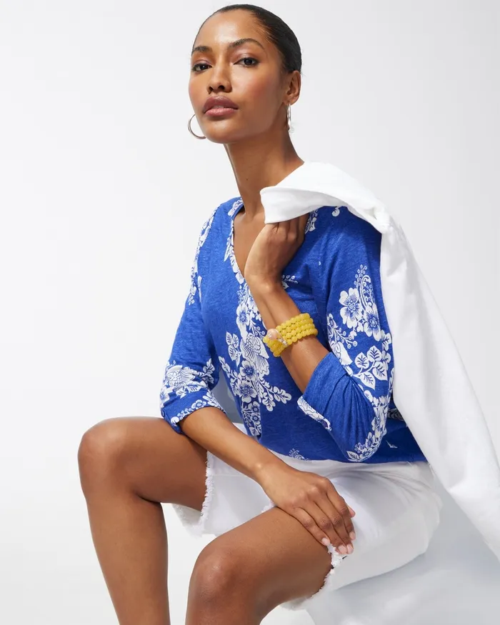 Chico039s Linen Navy Floral 34 Sleeve Tee Classic Navy Women Tees