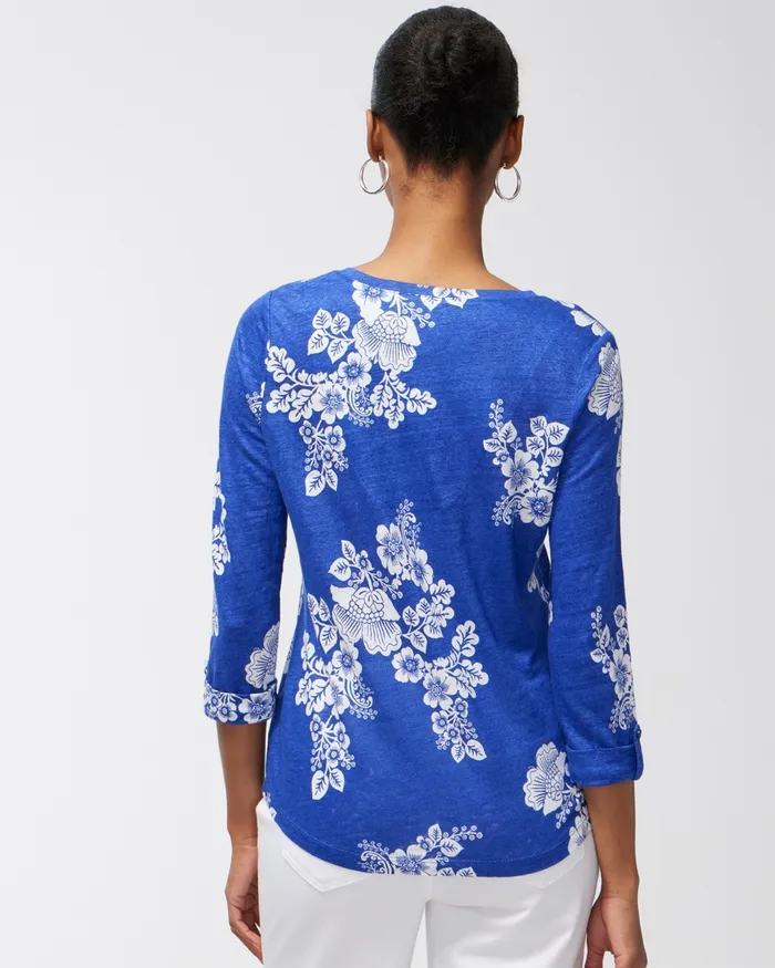 Chico039s Linen Navy Floral 34 Sleeve Tee Classic Navy Women Tees