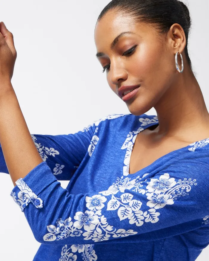 Chico039s Linen Navy Floral 34 Sleeve Tee Classic Navy Women Tees