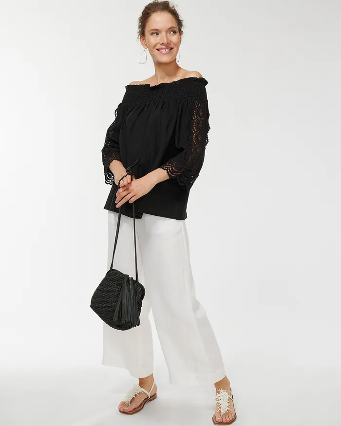 Chico039s Linen OffShoulder Cutwork Top Alabaster Women Tops