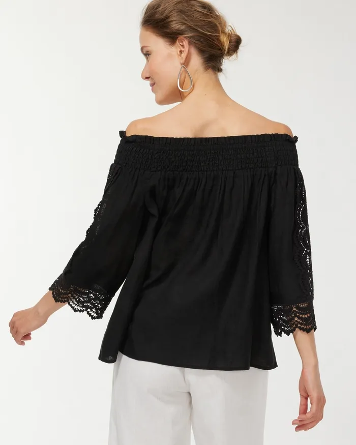 Chico039s Linen OffShoulder Cutwork Top Alabaster Women Tops